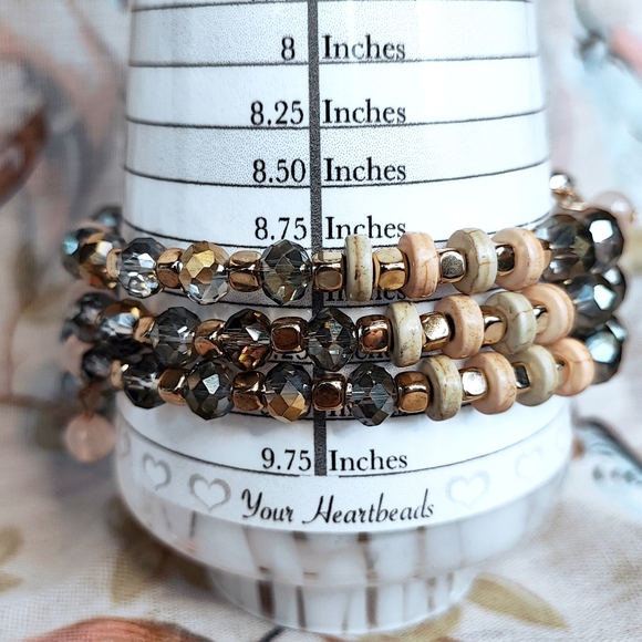 Faceted Gray Glass Stone Rose Quartz Lucite Beaded Memory Wire Bracelet Large - Picture 2 of 13